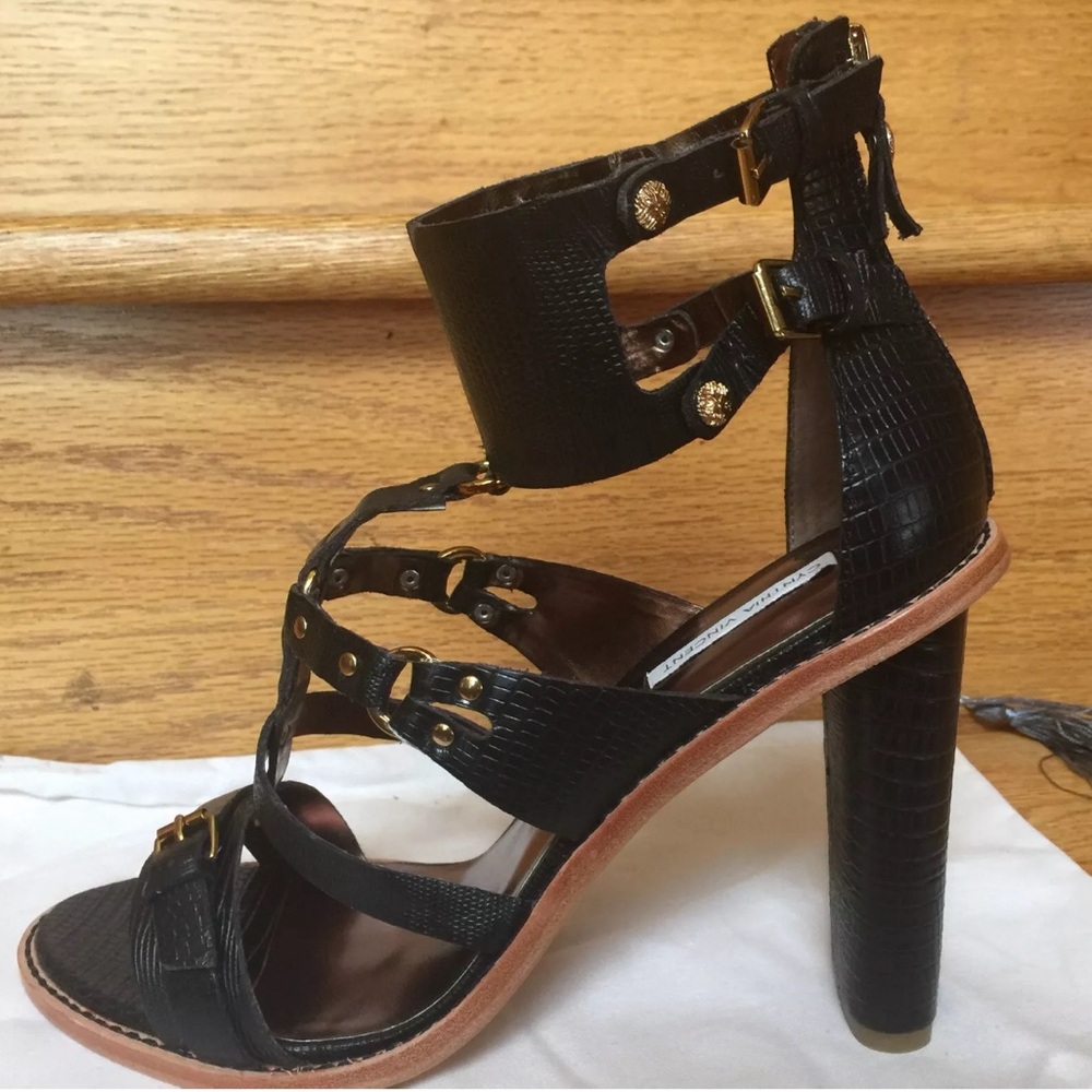 👠NIB Cynthia Vincent Women Black Kelsey Ankle Zip Leather Heeled Sandal US 10